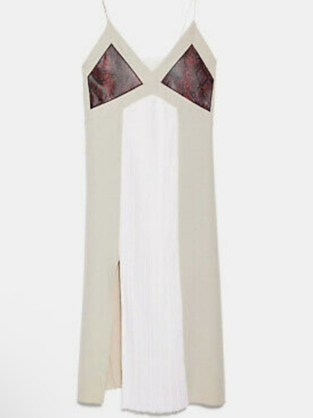 ZARA 🥨🥨 V-Neck Ivory and Brown Midi Dress with Pleated Front - Picture 5 of 7
